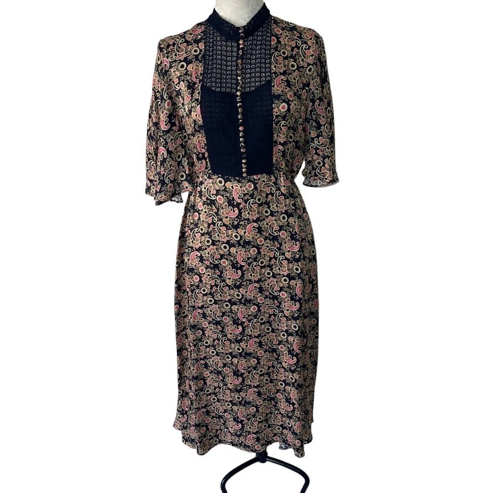 Sandro Daina Midi Dress Size 38 Black Pink Paisley Lace Trimmed Satin Jacquard